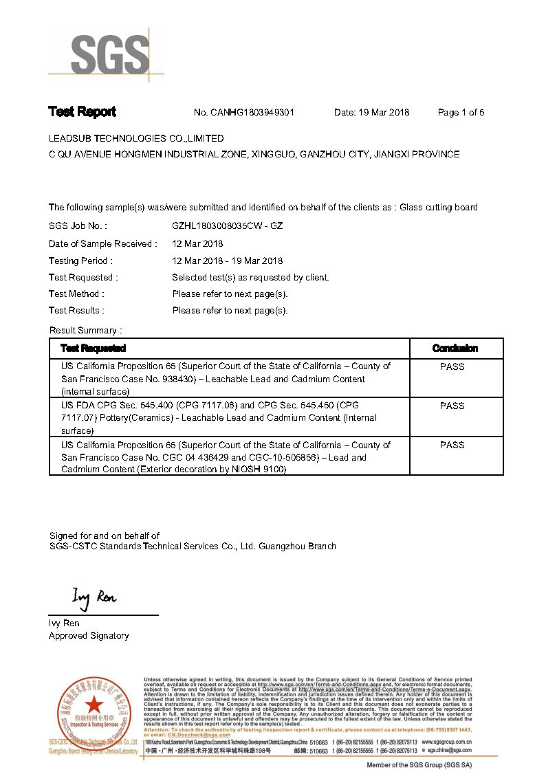 Glass cutting board FDA certificate