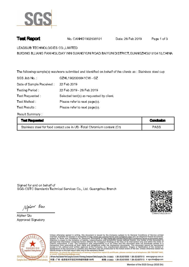 Stainless steel cup FDA certificate