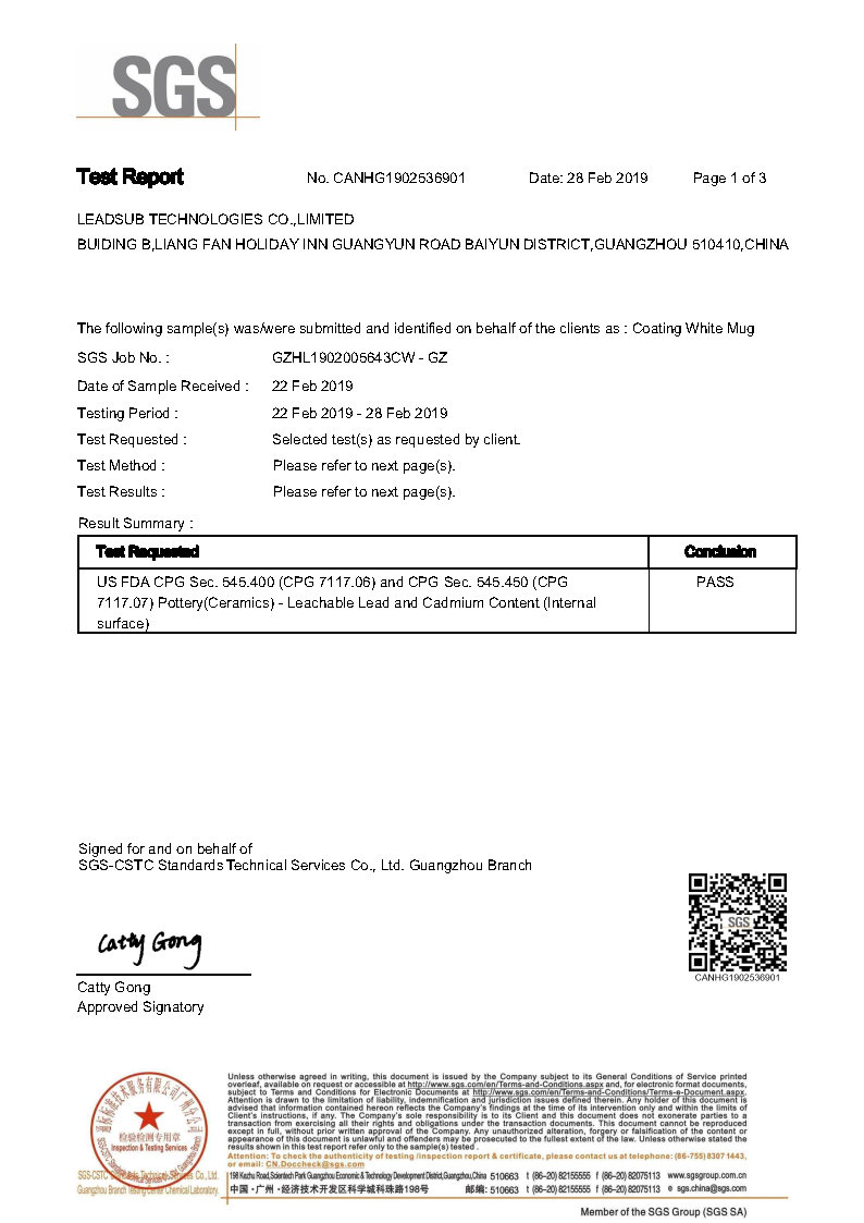 White mug FDA certificate
