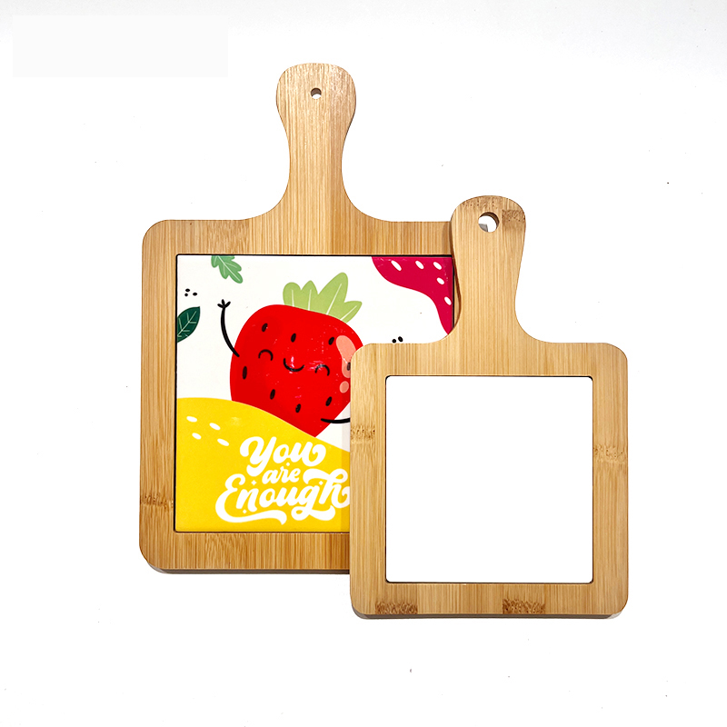 single handle bamboo base sublimation blank ceramic trivet