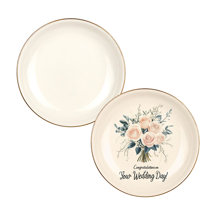 round trinket dish with gold rim